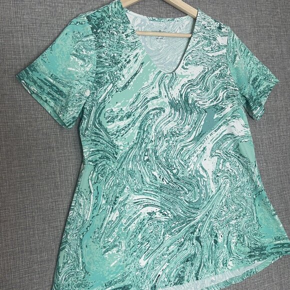 Elizabeth & Clarke Shirt Women Extra Small Marble Print Hi-Low Hem StainTech New - Picture 1 of 13